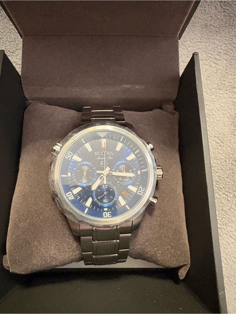 Men's Bulova Marine Star Series Steel 6-Hand Chronograph Quartz Watch Blue Dial